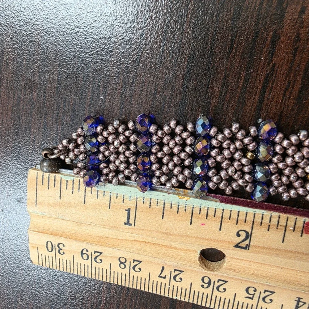 Handmade Beaded Cuff Bracelet Blue Iridescent Crystal Bronze Seed Bead Magnetic
